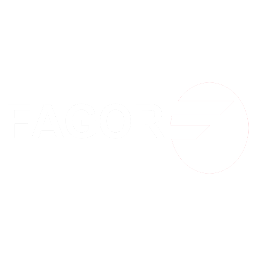 The image shows the word "FAGOR" in bold capital letters next to a circular logo with three horizontal lines inside, resembling an abstract letter "F," representing Fagor commercial kitchen equipment.