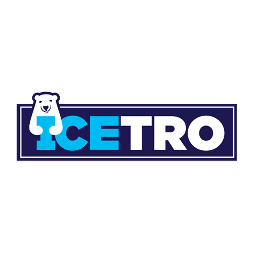 Logo with the word "ICETRO." The "I" is shaped like an ice block with a polar bear standing behind it, and "CETRO" in bold blue and white letters on a dark rectangle.
